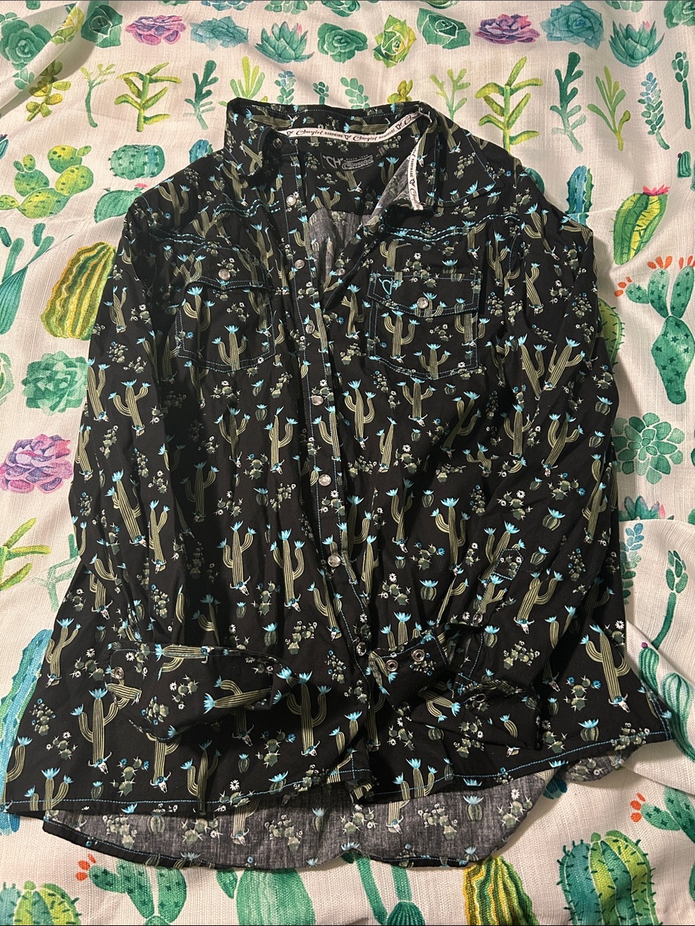 Button-Down Western Cactus Print Shirt - Black with Teal Accents